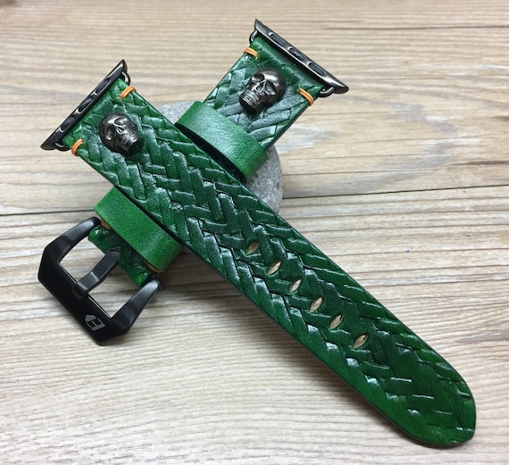 Green Leather Engraved Apple Watch Band Series 6 44mm, Apple Smart Watch Band Series 7 45mm with Skull Sterling Silver Stud, iWatch Straps