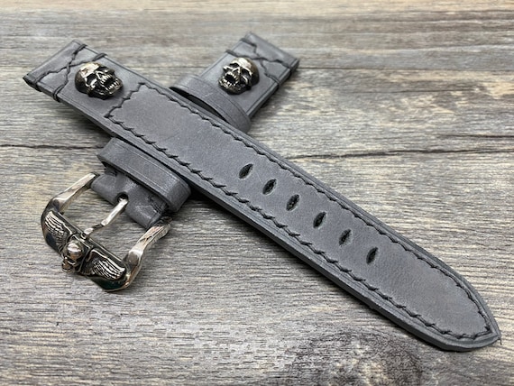 Gray Leather watch Straps 20mm, Sterling Silver 925 Skull Stud, Buckle Watch Band, 22mm Wrist Watch Straps in Gray Stitching, Mens Gift Idea