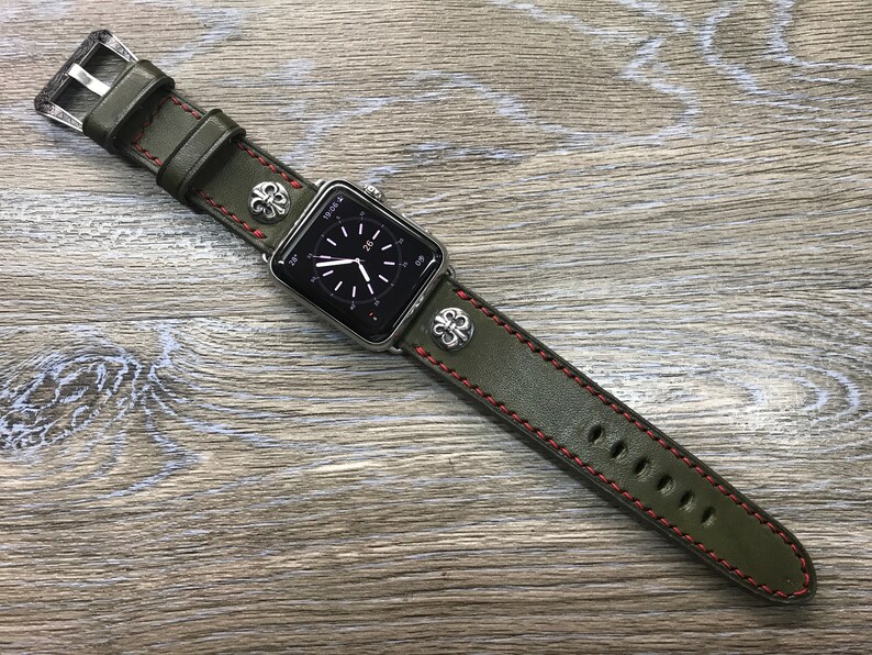Apple iWatch Strap 45mm Series 7, Apple Watch Series shops 6 40mm Smartwatch Band, Army Green Genuine Leather armband, Valentines Day Gift Ideas