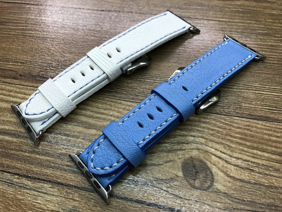 Valentines Day Gift Ideas, Blue and White Mysore Leather Apple Watch Band, Apple Watch Ultra 49mm 45mm 41mm, iWatch Band