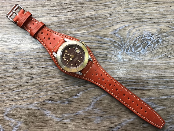 Full bund strap, Handmade Leather Cuff watch band, Leather Cuff watch Strap 20mm, leather watch band, orange leather band - Free Shipping