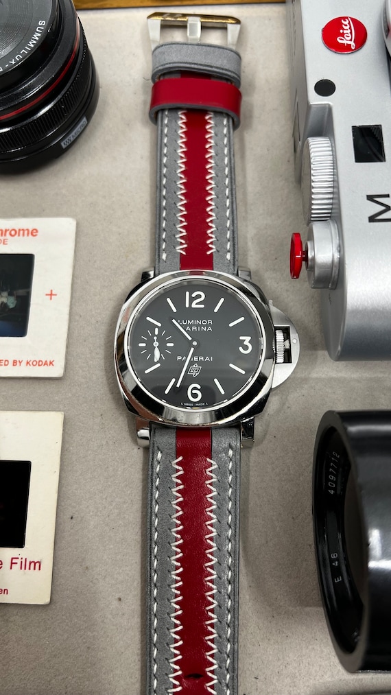 Grey Red Stripe Leather Watch Strap, 24mm Watch Straps, Wristwatch Band 26mm, Fathers Day Gift Ideas Watch Strap 22mm, WatchBand Replacement