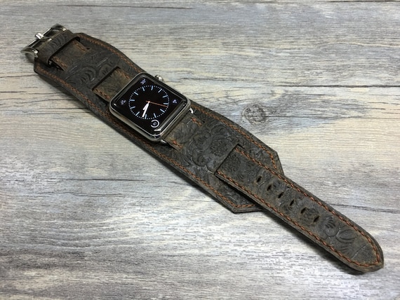 Leather Engraving Apple Watch Band in Brown Genuine Leather fits Apple Watch 45mm 44mm Series 7, iWatch 41mm Handmade Personalise Gift Ideas