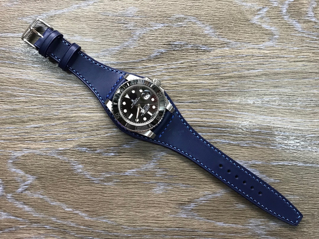 Leather Watch Band, Blue Watch Band, Full Bund Strap, 20mm Watch Strap