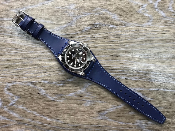 leather watch band, blue watch band, Full bund strap, 20mm watch strap, 20mm strap, cuff watch band, leather watch strap, FREE SHIPPING