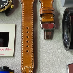 Pilot Watch Strap 22mm, Pilot Band, Leather Watch Strap 20mm, Deployment Clasp Buckle, Brown Leather Watch Band, Valentines Day Gift Idea