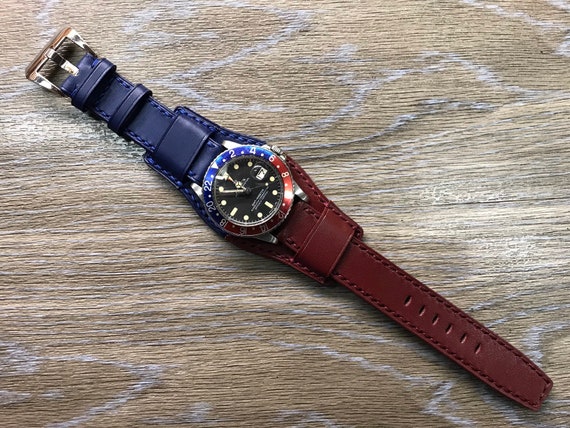 Leather Watch Straps, leather Bund Strap, watch strap 20mm, GMT Watch Strap, Blue/Red Watch Band, watch band 20mm, FREE SHIPPING