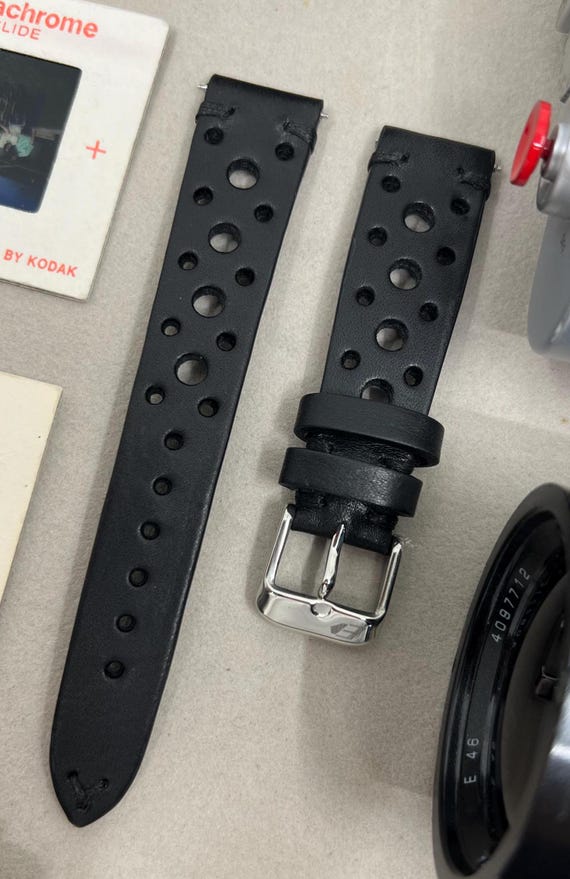 Leather watch strap, Leather watch band, Racing watch Strap, Black watch band, Rally Watch band, 20mm strap, 19mm watch band, FREE SHIPPING