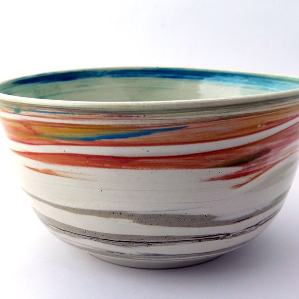 Colorful  Handmade Porcelain Serving Bowl, internal Spiral design. Stoneware Pottery kitchenware.