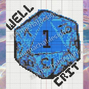 Op de afbeelding: Kruissteekpatroon van een blauw en grijze D20 dobbelsteen met het nummer 1. De dobbelsteen staat tegen een rasterachtergrond, met de woorden "WELL CRAFT" in zwarte tekst. Het ontwerp is gepixeld.