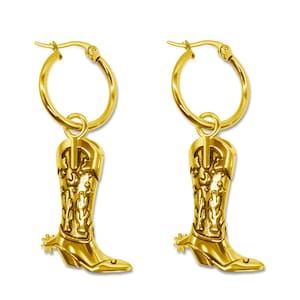Hoedown Cowboy Boot Hoop Earrings Gold |   | Cowboy boots, Cowboy Jewellery, Western Boots Jewellery, Wild West Jewellery, Gift for her