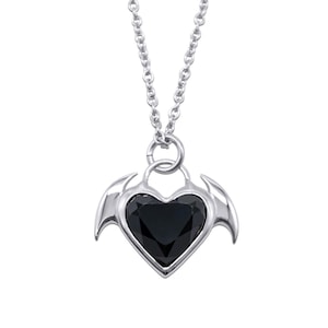 Nocturnal Succubus Necklace | Bat Wings Black Gem Gothic | Demon Jewellery | Stainless Steel Jewellery | Cubic Zirconia | Witch Necklace