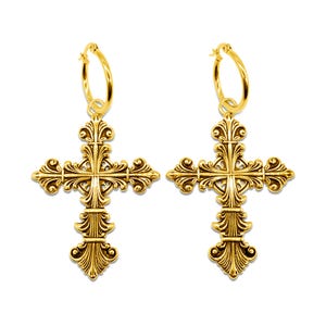Lament Cross Hoop Earrings Gold | Gold Gothic Earrings, Gold Gothic Hoops, Gothic Jewellery, Cross Earrings