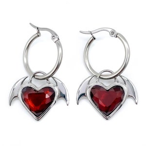 Succubus Red Gem Heart Hoop Earrings | Stainless Steel Earrings | Statement Earrings | Gifts for her | Witch Earrings | Cubic Zirconia