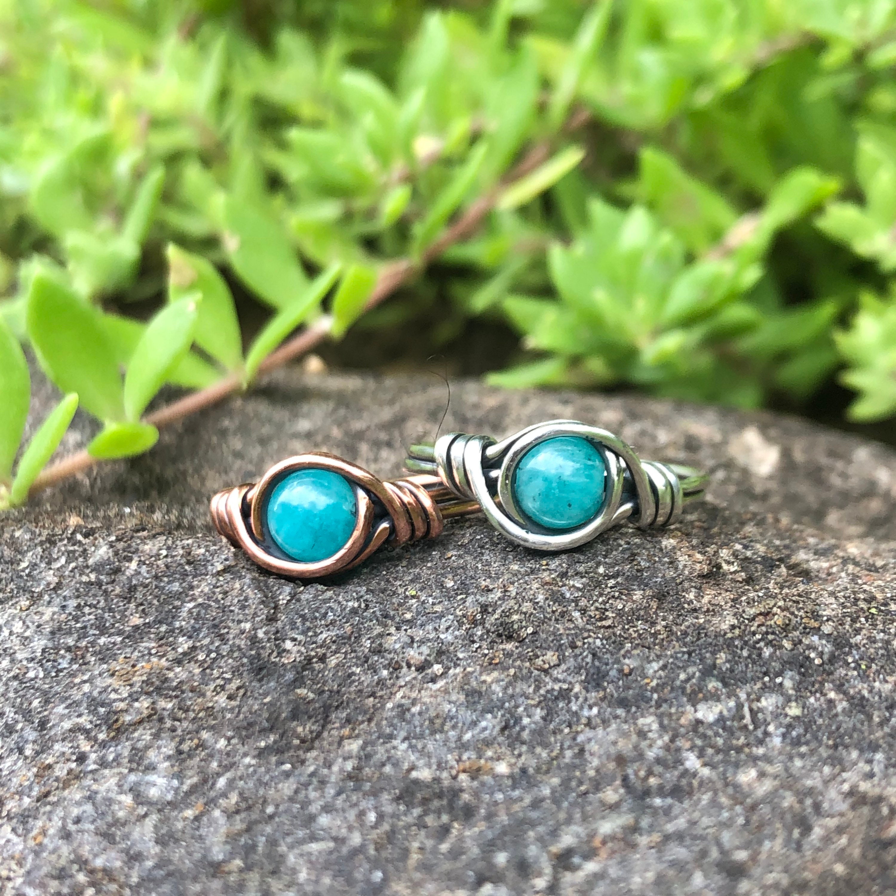 Blue Amazonite Wire Wrapped Crystal Ring // Copper or Silver | Etsy