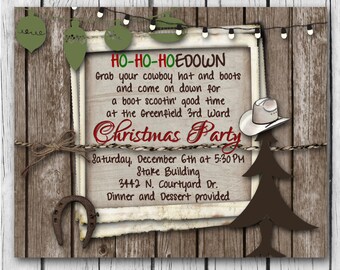 Cowboy Christmas Invitation, Hoedown, Western, Wood, Rustic, Horse Shoe, Christmas Tree, Lights, Ornaments - Digital & Printable Invitation