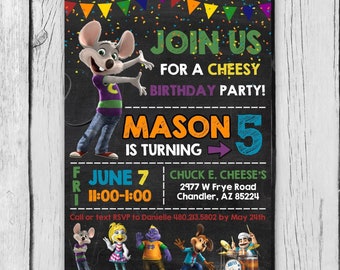 Printed & Digital CHUCK E CHEESE BIRTHDAY Invitation, Boy, Girl, Any Colors, Mouse, Chalk board - Digital and Printed