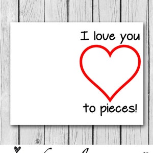 Día de San Valentín, Día de la Madre, Tarjeta, Doblada, 8.5x11, Hecha a mano, Te amo en pedazos, Imprimible, Arte, Llena el corazón con trozos de papel
