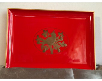 Vintage Otagiri Japan Red Lacquer Tray Gold Bird Vanity Serving Tray