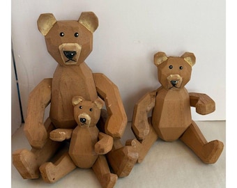 Set of 3 Carved Wooden Jointed Teddy Bears Made in China Rustic Folk Art Decor