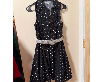 Black, White Polka Dot Dress Small Fit Flare Ruffle Collar Belted Retro Style Dress Bailey Blue