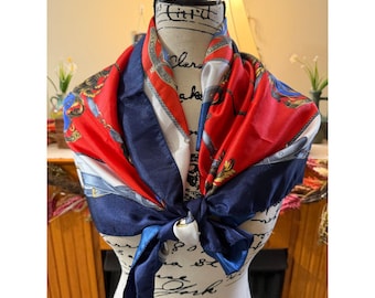1970s Baroque Horse Bit & Crest Print Satin Scarf
