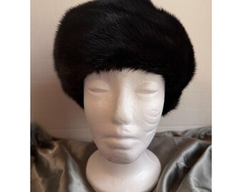 Vintage Black Mink Fur Hat Pillbox 1960s Real Fur Hat Classic Elegant