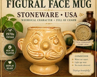 Vintage Pacific Stoneware Mustache Mug 1974 USA Figural Face Mug