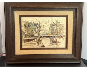 Vintage Small 1960's Oil Painting on Linen Harbor Scene Wood Frame
