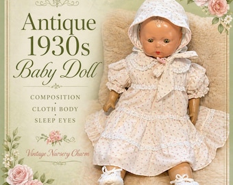 Antique 1930s Composition Baby Doll Cloth Body Sleep Eyes Nursery Dressed