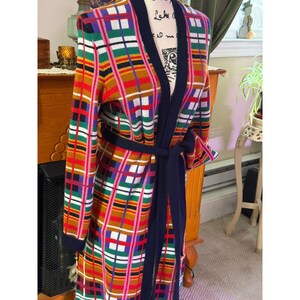 MOTH Anthropologie Plaid Belted Sweater Coat Cardigan Shawl Collar S image 2