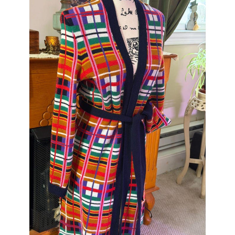 MOTH Anthropologie Plaid Belted Sweater Coat Cardigan Shawl Collar S image 2