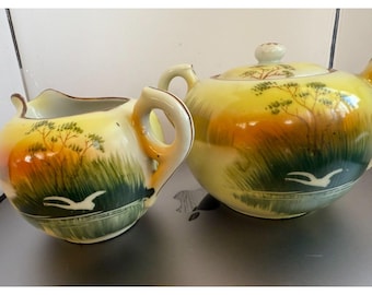 1950s Made in Japan Hand Painted Sugar & Creamer Set Scenic Bird Landscape