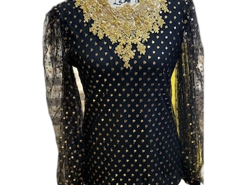 Vintage 80s Black Gold Blouse Lace Applique Polka Dot Sheer Sleeve NOS Sz 8