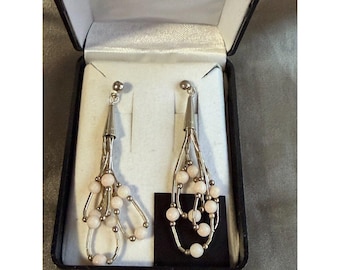 Vintage 925 Sterling Modernist Dangle Earrings White Stone Bead Cluster