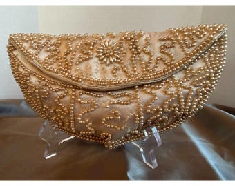 Vintage 1950s Gold Satin Pearl Beaded Clutch Purse – Floral Motif Bridal Bag