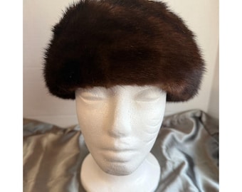 Vintage Mink Fur Hat Brown Mahogany Pillbox Beret 60s Real Fur Hat