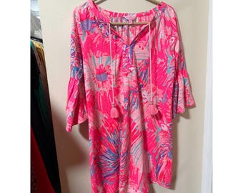 Lilly Pulitzer XS Pink Tropical Print Tunic Tassel Tie Bell Sleeve Top Resort