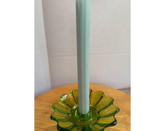 Vintage Olive Green Glass Candlestick Holder | Retro Flower Petal MCM Decor