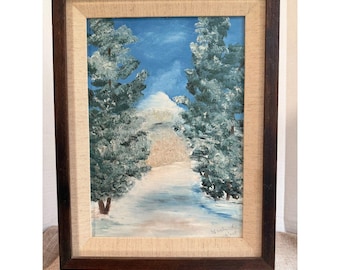 Vintage Winter Landscape Painting Framed | Signed Gertrude Peet Snow Scene | Original Rustic Cabin Art | Cozy Cottage Wall Decor