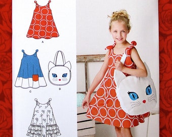Simplicity Easy Sewing Pattern 8102 Sundress, Kitty Tote Bag Purse, Girl's Sizes 3 4 5 6 7 8, Cat Face Appliqué, Summer Fashion Dress, UNCUT
