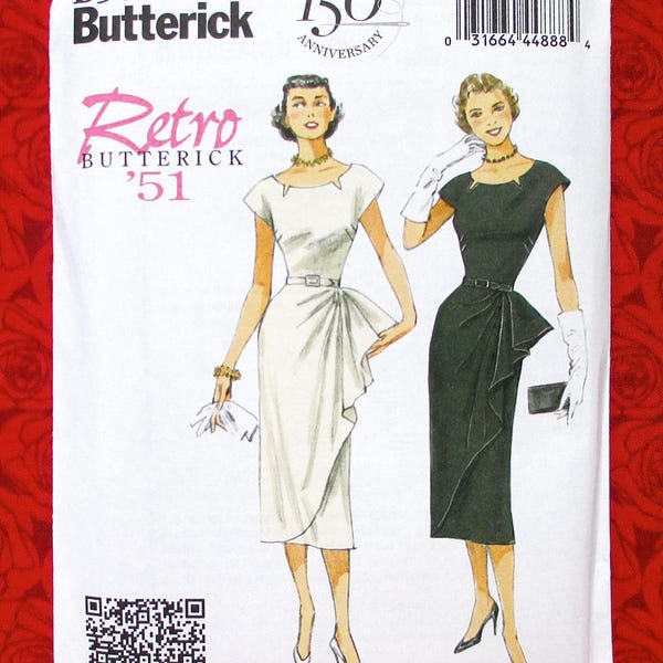 Butterick Sewing Pattern B5880 Side Ruffle Dress, Belt, Retro 1950's Vintage Style, Sizes 6 8 10 12 14, Formal Summer Evening Fashion, UNCUT