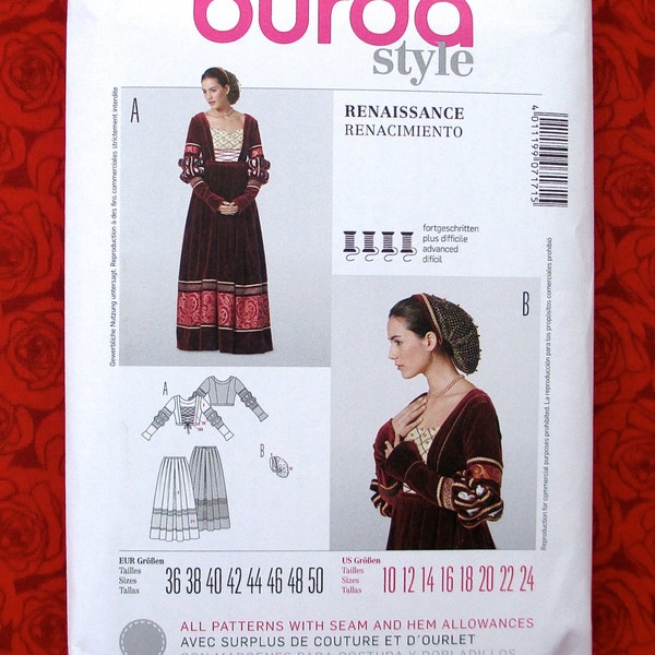 Burda Sewing Pattern 7171 Renaissance 2-Piece Gown, Snood, Dress Historical, Misses' Sizes 10 12 14 16 18 20 22 24, LARP CosPlay SCA, UNCUT