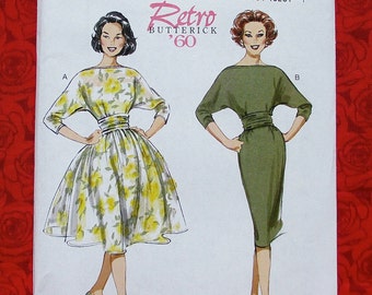 Butterick Sewing Pattern B6242, Dress, Ruched Waist, Dolman Sleeves, Flared or Slim Skirt, Sizes 6 8 10 12 14, Retro 1960's MCM Gown, UNCUT