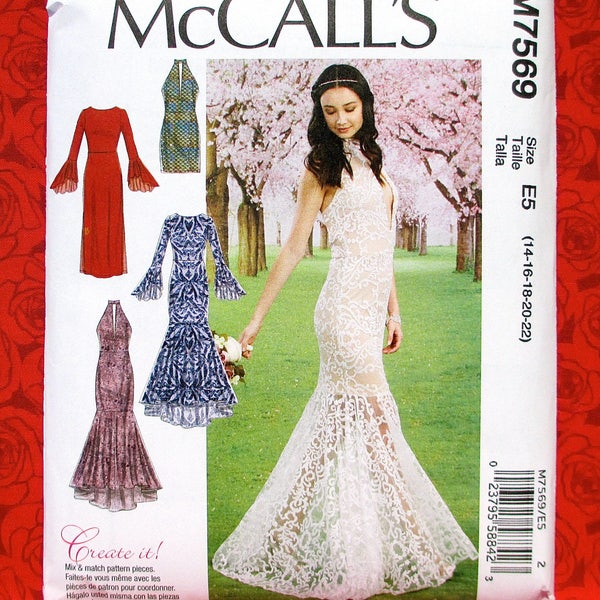 McCall's Sewing Pattern M7569, Trumpet & Column Formal Dresses, Plus Sizes 14 16 18 20 22, Modern Evening Wedding, Mermaid Party Gown, UNCUT