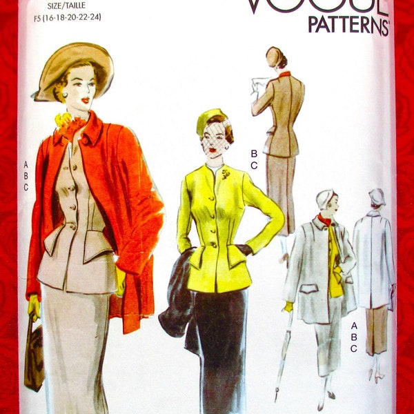 Vogue Sewing Pattern V1932, Jacket & Skirt Suit, Button Front Coat, 1940's Retro MCM Fashion, Sizes 16 18 20 22 24, Winter Sportswear, UNCUT