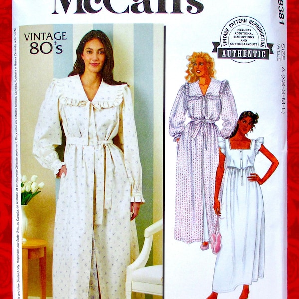 McCall's Sewing Pattern M8381, Robe & Nightgown Set, Laura Ashley Sleepwear, Miss Sizes XS S M L, Romantic Winter Summer Loungewear, UNCUT