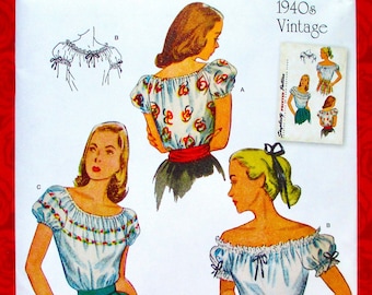 Simplicity Easy Sewing Pattern S9538, Pullover Peasant Blouse, Short Puff Sleeves, Sizes 14 16 18 20 22, 1940's Retro Summer Fashion, UNCUT