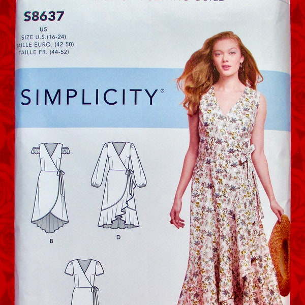 Simplicity Sewing Pattern 8637, Wrap & Tie Dress, Ruffle Flounce Hem, Sizes 16 18 20 22 24, Romantic Spring Summer Fashion Sportswear, UNCUT