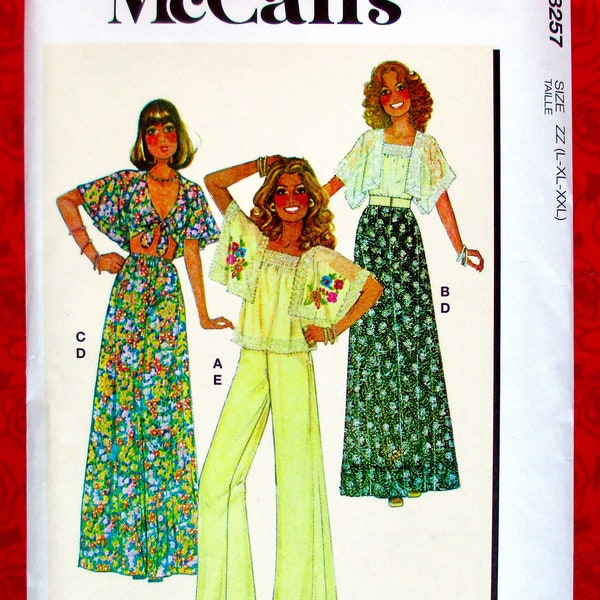 McCall's Easy Sewing Pattern M8257, 1970's Top, Maxi Skirt, Wide Leg Pants, Sizes L XL XXL, Boho Evening Fashion, Retro Sportswear, UNCUT